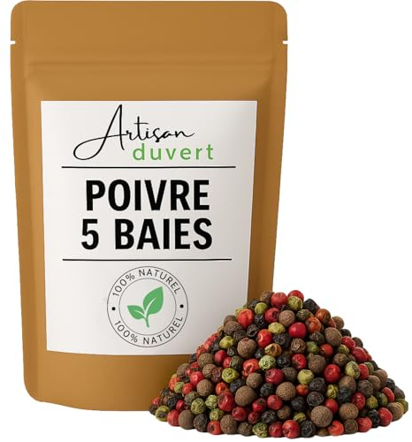 Poivre Mélange 5 Baies - Noir, Blanc, Vert, Rouge et Jamaïque - Parfait pour Moulin – Épices en Grains Premium - Sachet Refermable 100g - L’Artisan du Vert
