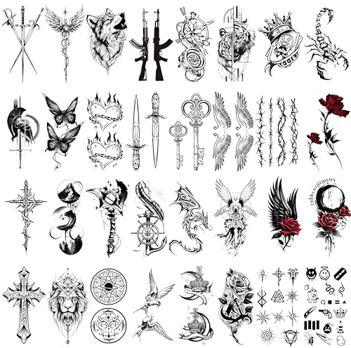 Qpout 32 Blatt Schwarz Temporäre Tattoos für Erwachsene, Wasserdicht Realistisch Sexy Piraten Blumen Schmetterling Gefälschte Tattoo Aufkleber Für Frauen Männer Arm Schwarz Halloween Party