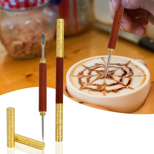 Latte Art Penna 1 pezzo, in Acciaio inox e Ottone con Manico in Legno di Rosa per Latte Art Strumenti Barista Strumenti per Caffè Arte su Latte, Cappuccino, Espresso - Accessorio Perfetto per il Caffè