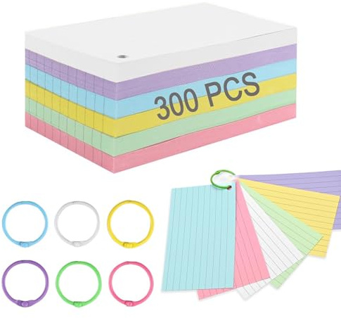 FlashCard - 300 tarjetas de índice rayadas, tarjetas de taco con forro, suministros de revisión, tarjetas de notas de colores de 3 x 5 pulgadas con 6 anillos de carpeta para estudio, oficina y hogar