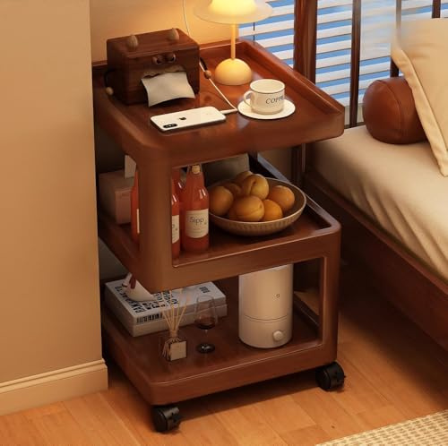 YOUGANG Table de nuit en bois avec étagère ouverte, table de chevet en forme de S avec roulettes pour petits espaces, table d'appoint moderne pour canapé, salon, chambre à coucher, bureau (noyer, D)