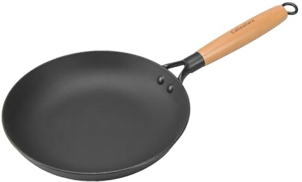 Culinatura - Poêle Fonte Légère Émaillée 32 cm - Noir/Bois | Anti-Adhésive, Pré-Culottée, Tous Feux, Induction, Manche Hêtre, Usage Professionnel, sans PFOA/PFAS/PTFE, Non Toxique