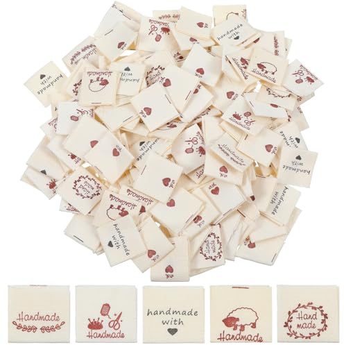Guduling Lot de 200 étiquettes faites à la main à coudre - Étiquettes à coudre - Étiquettes en tissu pour collage, bricolage, couture, décoration, crochet (6 couleurs)