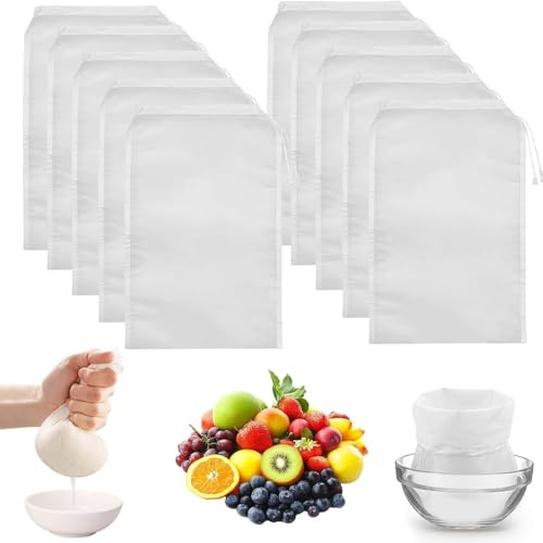 Lot de 10 sacs à lait de noix - 20 × 30 cm - Réutilisables - En nylon tissé fin - Bio - Lavable - Avec cordon de serrage - Pour jus de fruits, jus de légumes, lait de noix, fromage, café, yaourt