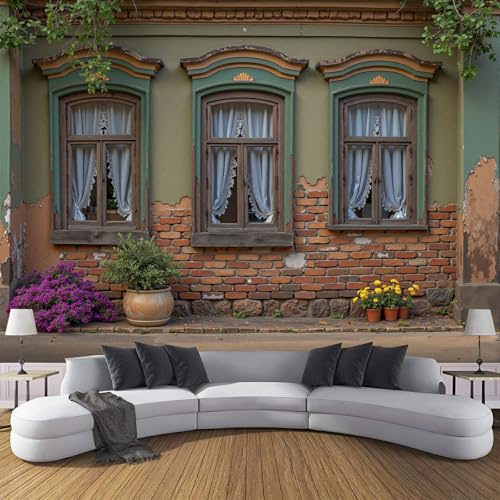 Papier Peint Intissé Mural Photo 150×105cm Motif Murs Fenêtres Qui S'Écaillent Panoramique Poster Fresque Rue La Ville Rétro Murale Maison Bureau Restaurant, Vert Décoration Murale Papier Peint