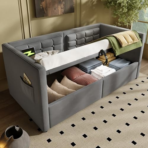 EINHOM Daybed with Storage, 3FT Storage Bed with Ottoman Bed with Hydraulic Storage Space, Upholstered Bed with USB-&-Type-C Charging Station, Grey, 90 x 190 cm Grey (No Mattress)
