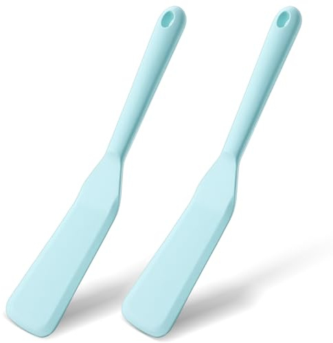 LXUEJIE 2 Pieces Narrow Spatula, Silicone Skinny Crepe Flipper, 10 Inch Long Heat Resistant Non Stick Pancake Spatula for Eggs, Burgers, Pizza, Omelet, Steak, Cooking, and Mixing (Light Blue)