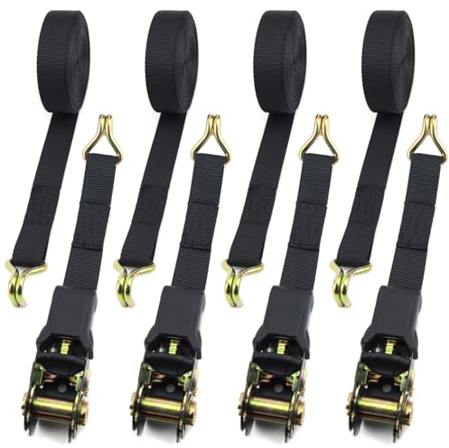 Qcdou 4 Pcs Tie Down Straps, 2.5cm x 6m Ratchet Straps with Hook, Heavy Duty Ratchet Straps with Cam Buckle, for Motorcycles, Car, Trailer, Cargoes, Household, Luggage, Black
