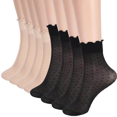 JJUNW 8 pares de medias de nailon para mujer, con volantes, transparentes, finas, de seda, para verano, finas, de seda, transparentes, de nailon, para mujer y niña