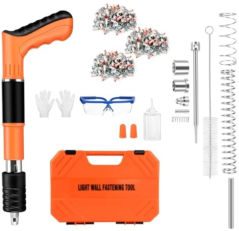 Clavadora Beton con 200 clavos, clavadora con 5 niveles de ajustable, pistola manual de uñas con guantes y gafas, pistola de uñas portátil, kit para uñas de hormigón, para paredes de hormigón, techos