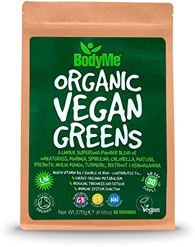 BodyMe Organic Vegan Greens Powder - Vegan Superfood Blend of Wheatgrass, Moringa, Spirulina, Ashwaganda and Other Organic Ingredients - Quick & Easy Nutrients, (30 Servings, 270g) | UK