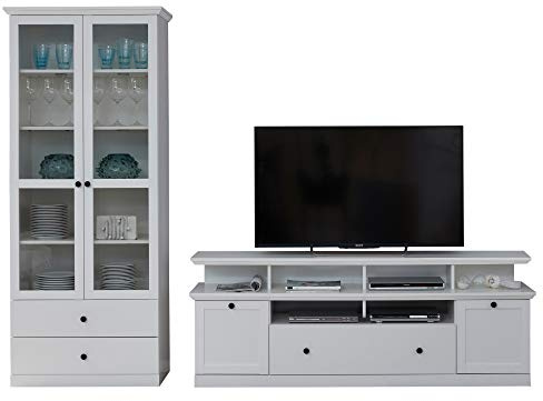 trendteam smart living - Baxter - Anbauwand - Weiß - Vitrine, TV-Unterteil inkl. Aufsatz, Wandboard - (BxHxT) 273 x 196 x 41 cm - Vitrine mit Glastüren, Sockel | B 273 x H 196 x T 41 cm · Vollauszug · für TVs bis 65 Zoll · Metallgriffe · optional mit LED-Beleuchtung