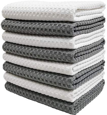 Polyte - 8 torchons de Cuisine en Microfibres Ultra Premium - Main/Vaisselle - Tissu alvéolé (Gris/Blanc, 40x71 cm)