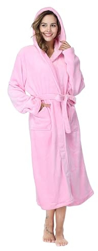 RONGTAI Womens Robes Plush Fleece Pink Hooded Bathrobe Thick Nightgown with Pockets Fluffy Sleepwear X-Large
