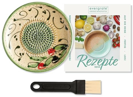 evergrate Keramikreibe im Motiv Duna mit Küchenpinsel und Rezeptheft