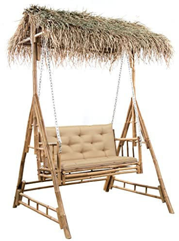 vidaXL Hollywoodschaukel mit Palmblättern Kissen 2-Sitzer Gartenmöbel Gartenschaukel Schaukelbank Gartenbank Schaukel Hängeschaukel 202cm Bambus