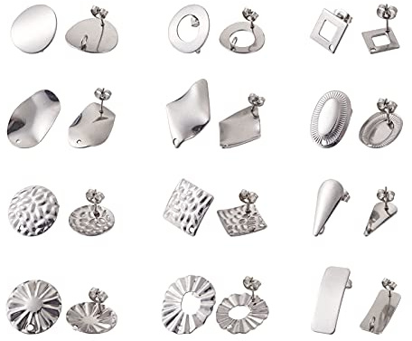 PandaHall - 24 orecchini a perno in acciaio INOX, con anellino, cavi, 12 stili, con chiusure a farfalla, per la realizzazione di orecchini e gioielli fai da te, color acciaio INOX
