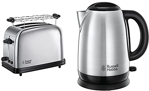 Russell Hobbs Victory Tostadora 2 Ranuras Cortas y Anchas, para 2 Rebanadas, Acero Inoxidable + Adventure Hervidor de Agua Eléctrico 2400 W, 1,7l