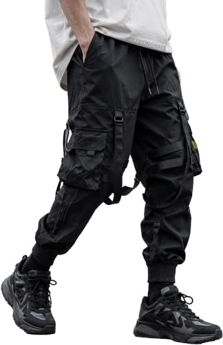 XYXIONGMAO Taktiska joggingbyxor, cargobyxor, hip hop, harem-techwear, streetwear, herr, streamer, overaller, lösa lediga byxor, svart, L