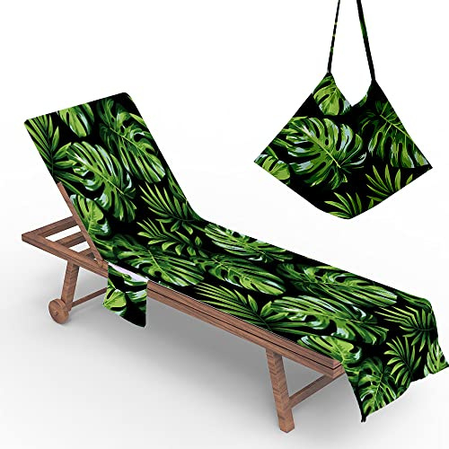 Morbuy Liegestuhl Handtuch mit Taschen, Strandtuch für Liegen, Grüne Blätter Strandliegen Handtuch Mikrofaser Leicht Strandtuch für Schwimmbad, Strände, Garten, Hotel (73x210cm,Schwarz)