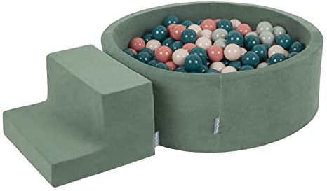 KiddyMoon Skumspelområde med Rund Pool med Bollar för Barn Pool (200 Bollar) + Steg, Skogsgrön: Mörk Turkos/Beige Pastel/Grön Grå/Salmon