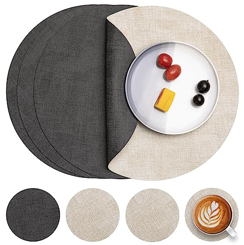 Myir JUN Tischsets abwaschbar Leder und Untersetzer doppelseitig Platzset | Platzset Rund Ø 36cm 4er Set rutschfest Glasuntersetzer Platzdeckchen Kunstleder Tischset (Grau Cremeweiß, 4er Set)