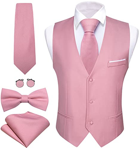 Barry.Wang Mens Pink Formal Suit Waistcoat V-neck Slim Fit Casual Vest Tie Bowtie Set for Prom
