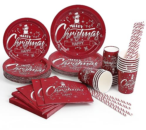 CUSWARE 125 Piece Christmas Party Tableware Set, Merry Christmas Kit with Plates, Cups, Napkin and Straws, Severs 25 Guests