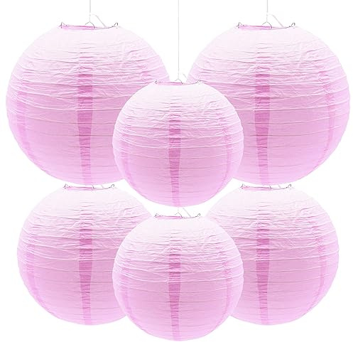 Yosawo Pack of 6 Paper Lanterns Decorative Pink Round Lampshade for Party Garden Wedding Birthday Decoration (8 inches / 10 inches / 12 inches / Pink)