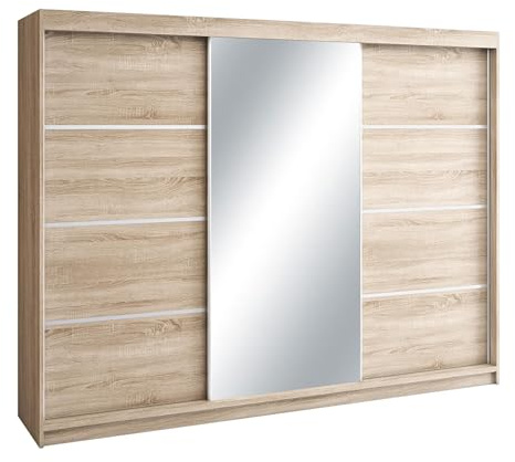 Mars Meble Mono Kleiderschrank mit Spiegel, Garderobe mit Hochglanz, Schwebetürenschrank mit Schubladen, Schiebetür Garderobenschrank, Schiebetür Schrank, Schwebetürenschrank 200cm, Eiche Sonoma