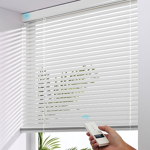 ACMEART Motorized 1'' Aluminum Blinds - Remote Control Rechargeable Cordless, Waterproof Horizontal Blinds for Bathroom/Living Room/Smart Home, Custom Size (Matte Pure White)