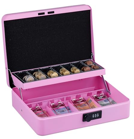 Relaxdays Caja Dinero, Combinación 3 Números, Bandeja para Monedas, Cajita Hierro, 8,5 x 30,5 x 25 cm, Rosa, Acero