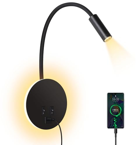 ERWEY Applique Liseuse LED Noir Aluminium 3000K 11W 2 Sources Lumineuses USB Chargeur Interrupteur Flexible Murale pour Lecture et Décoration
