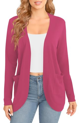 EXCHIC Damen Elegante Leichte Langarm Cardigan Curved Saum Offene Front Strickpullover mit Taschen