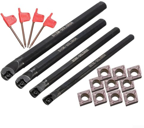 CLCR06 Drehwerkzeug-Set, Drehwerkzeug, Drehmaschine, Bohrstangen-Set mit 10 CCMT 0602 Einsätzen, Schraubenschlüssel zum Drehen, Nuten, Gewinden 7, 8, 10, 12 mm, S