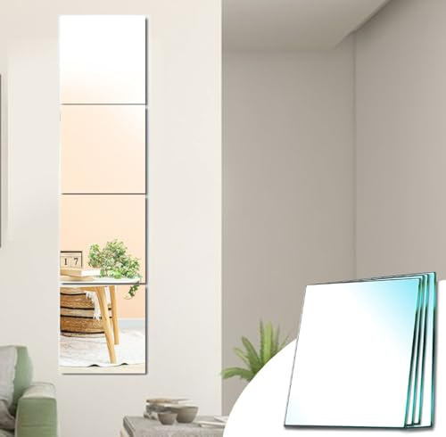 DYLISEA Self Adhesive Mirror Tiles Glass 30x30cm 4 Pack, Stick On Full Length Mirrors, Sticky Wall Mirror Long Wall Mirrors for Bedroom Living Room Hallway Wardrobe Doors, Home Decoration