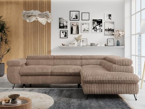 MKS MEBLE Ecksofa Wohnlandschaft L-Form mit Schlaffunktion und Bettkasten, Schlafsofa mit Bettkasten, Sofa mit Einstellbare Kopfstützen, Peter L - Cord - Rechts Braun