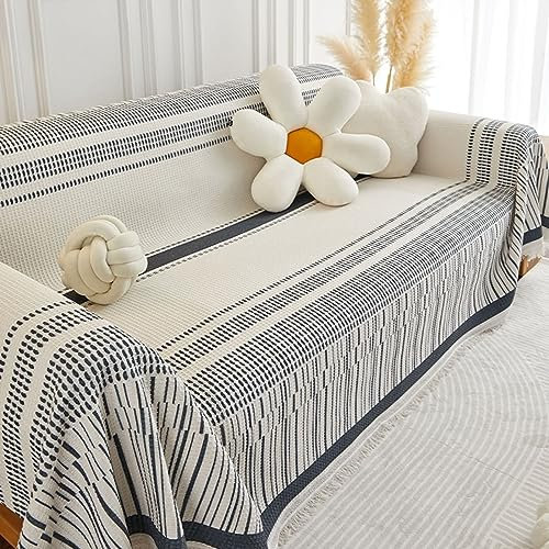 Bishilin Couchbezug Nordisch 180x300CM, Sofa Überzug 3 Sitzer Ecksofa Schwarz Gestreift mit Quasten Sofaüberwurf rutschfest Sofabezug Universal