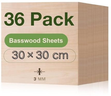 ROBOTIME Contreplaqué 3mm Lot de 36, 300 x300mm Planche Bois Brut Bouleau Panneau Feuille Découpe Pyrogravure Gavure Laser Bois