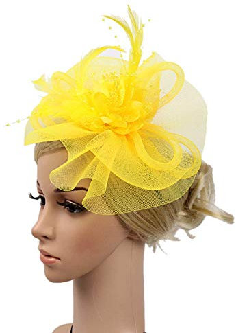 Fascinator für Damen mit N Bändern, Federn, Hochzeitsmode und Y-Mütze, Netzstoff, Fascinator, Party, Baseballkappe, Baseballkappe, Herren, gelb, Einheitsgröße