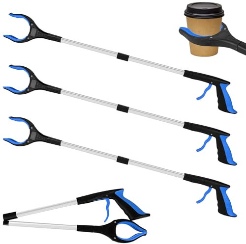 Tottist 4 Pack Grabber Reacher Tool for Elderly, 32 Extra Long Litter Stick Lightweight Handy Claw Grabber for Arm Extension Garbage Gripper Trash Pick up Litter Picker Garden(Blue Classic)