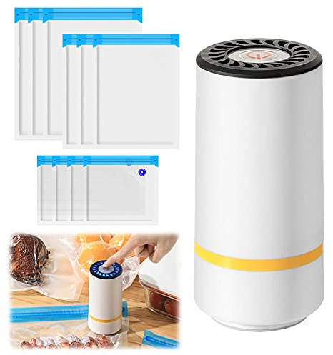 Envasadora al Vacío, Sellador al Vacío para Alimentos Sellador al Vacío de Mano Bomba de Mano Recargable Portátil con 10 Bolsas Envasadoras Vacío Reutilizables para Alimentos Secos o Húmedos