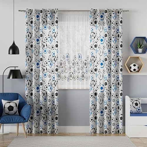 Gardinen Vorhangen Weiß 140x240 cm (BxH) Fußbälle Blau Kinderzimmer Stores Gardinen mit Kräuselband Kurz Lang Scheibengardine Vorhänge Fertiggardine Satin-Stoff