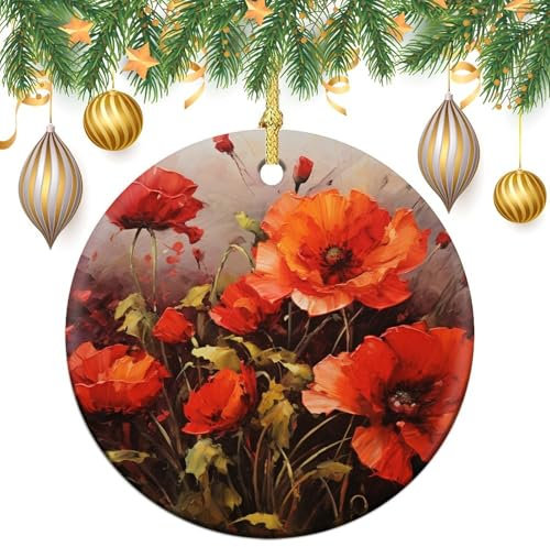 Weihnachtsschmuck Ölgemälde Rote Blume Weihnachtsdekoration Doppelseitig Rund Keramik Weihnachtsbaum Ornamente Hängende Xmas Ornamente für Weihnachtsbaum