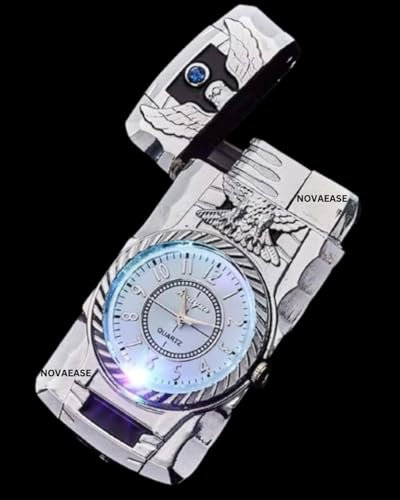 NOVAEASE Silver Eagle Headed Quartz Watch Refillable Safety Gas Candle BBQ Fire Lighter Premium Collection Windproof Jet Lighter with Clock & LED Lights