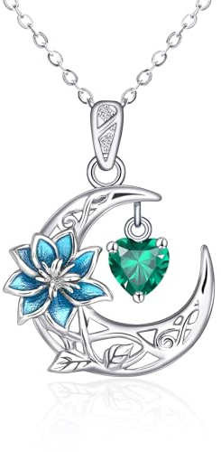 Qings Collier de Lune en Argent 925 Collier Pendentif Fleur de Naissance avec Pierre Naissance Anniversaire Bijoux Cadeaux pour Femmes Mamans