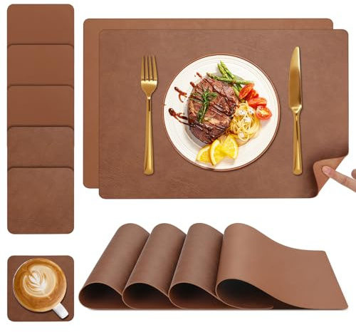 YIHELU® Manteles Individuales y Posavasos de Plástico Set de 6 –Salvamanteles Individuales Antimanchas Lavables con Acabado de Piel, Antideslizantes e Impermeables, Fáciles de Limpiar