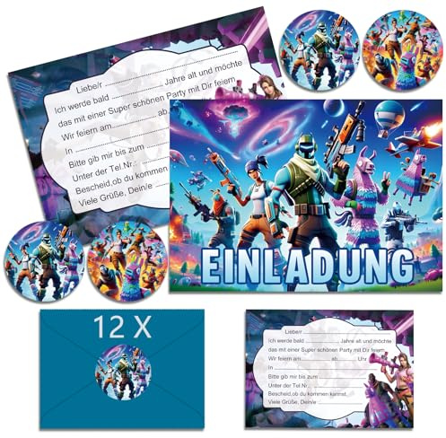 Hangsky 12x Fornit Einladungskarten Kindergeburtstag Junge mit Umschlag Deutsch, Fornit Geburtstagseinladungen Junge, Cartoon Einladungskarten Geburtstag Set für Themed Party (A6) (B)