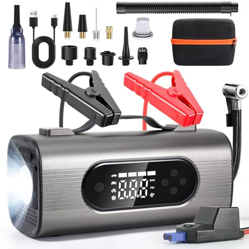 Nsyee Démarreur de voiture 8 en 1, pic de 2000 A, booster de batterie 12 V, chargeur portable 20 000 mAh, pour jusqu'à 4 l d'essence/2,5 L diesel, avec écran LCD/aspirateur/lumière LED/gonflage des