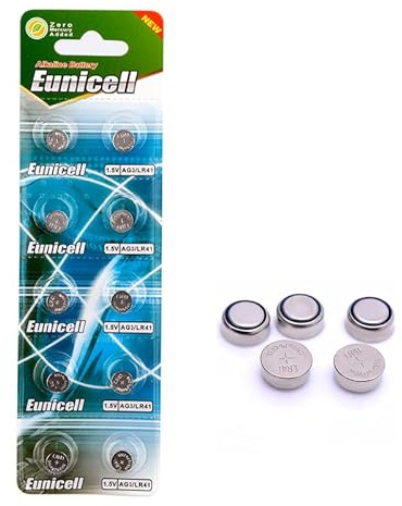 Pack of 10 - LR41/AG3 Eunicell 1.5V Button Coin Cell Alkaline Batteries - Suitable for use in LED lights, Digital Voice Recorders, Toys, Blood Glucose, Cholesterol Testing, Meters, Toys